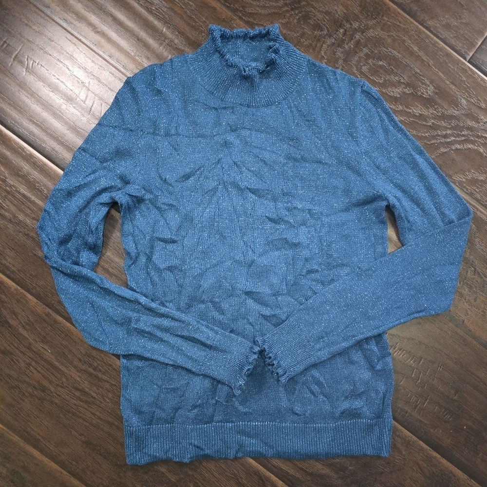 Ann Taylor Factory Womens Turtleneck Pullover Blue Glitter Swe
